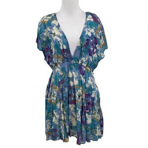 Free People Freddy Tie Mini Dress Women Size Small Blue Purple Floral Modal Boho